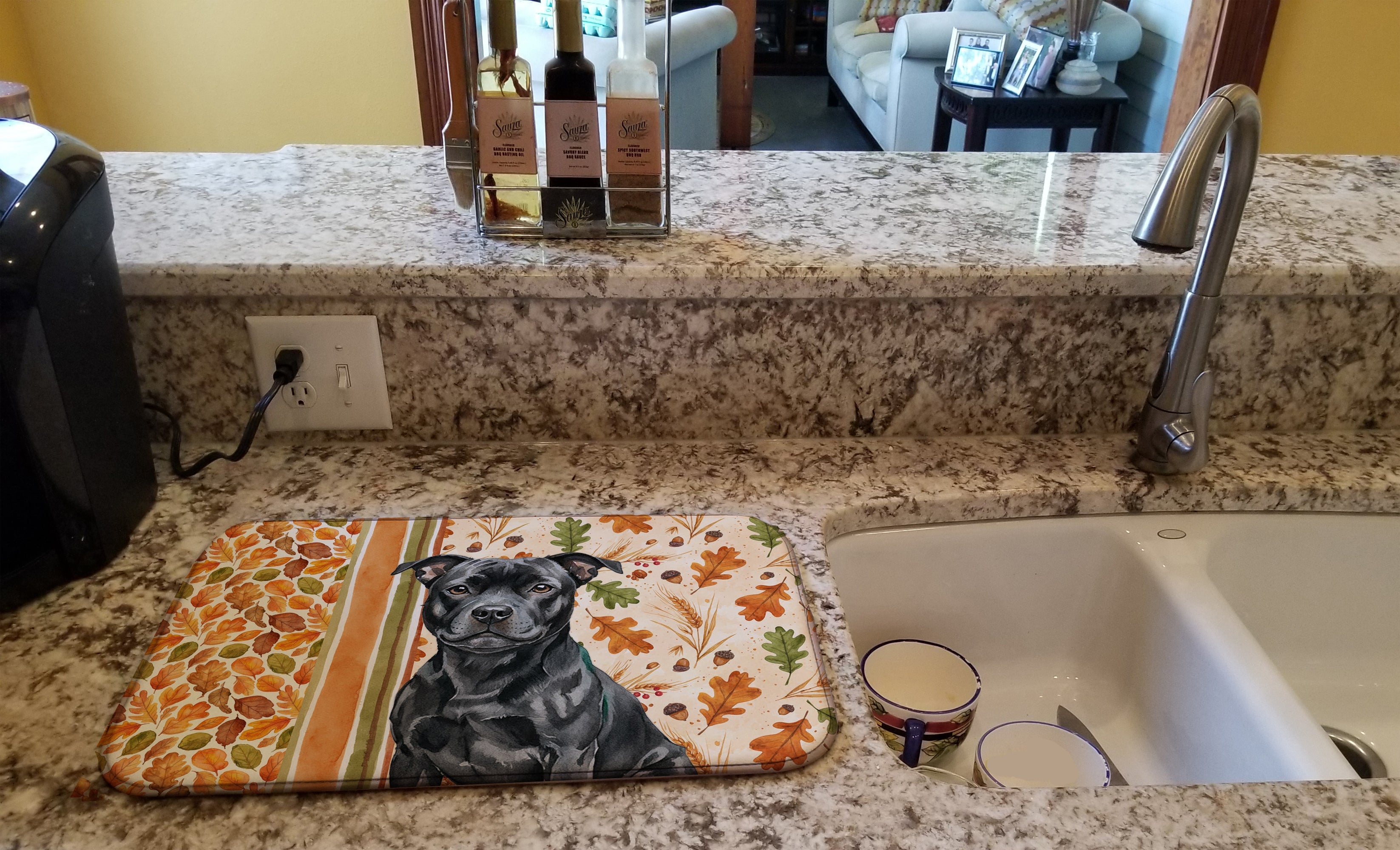 Black Staffordshire Bull Terrier Heirloom Fall Dish Drying Mat Absorbent Dish Drying Mat Pad for Kitchen Counter Dish Drainer Mat for Countertop, 14 x 21", Multicolor