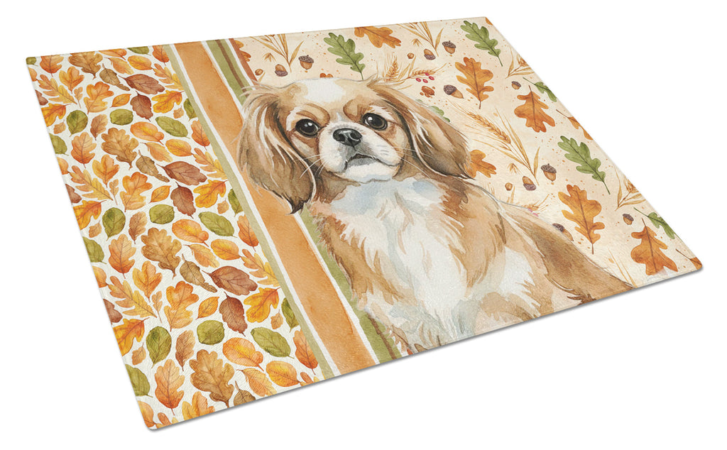 Tibetan Spaniel Heirloom Fall Cutting Board Tempered Glass Kitchen Cutting Surface, Heat Resistant Chopping, Non-Slip Feet, Food Prep & Serving