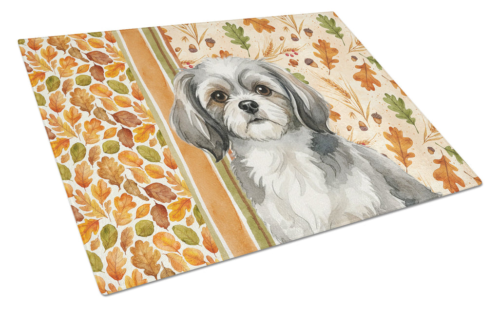 Grey and White Tibetan Spaniel Heirloom Fall Cutting Board Tempered Glass Kitchen Cutting Surface, Heat Resistant Chopping, Non-Slip Feet, Food Prep & Serving