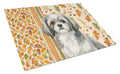 Grey and White Tibetan Spaniel Heirloom Fall Cutting Board Tempered Glass Kitchen Cutting Surface, Heat Resistant Chopping, Non-Slip Feet, Food Prep & Serving