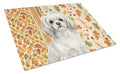 White Tibetan Spaniel Heirloom Fall Cutting Board Tempered Glass Kitchen Cutting Surface, Heat Resistant Chopping, Non-Slip Feet, Food Prep & Serving