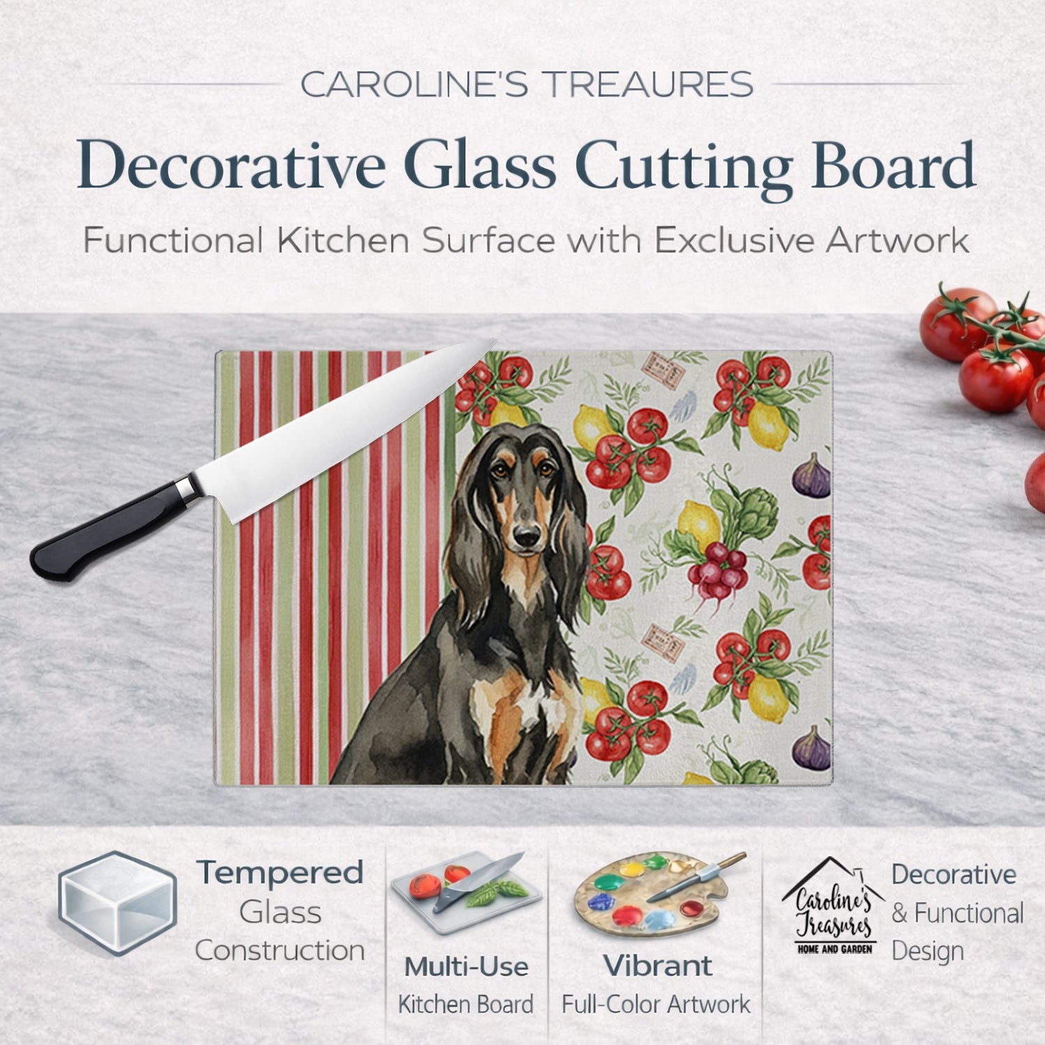 Black & Tan Afghan Hound Vegetables Cutting Board Tempered Glass Kitchen Cutting Surface, Heat Resistant Chopping, Non-Slip Feet, Food Prep & Serving