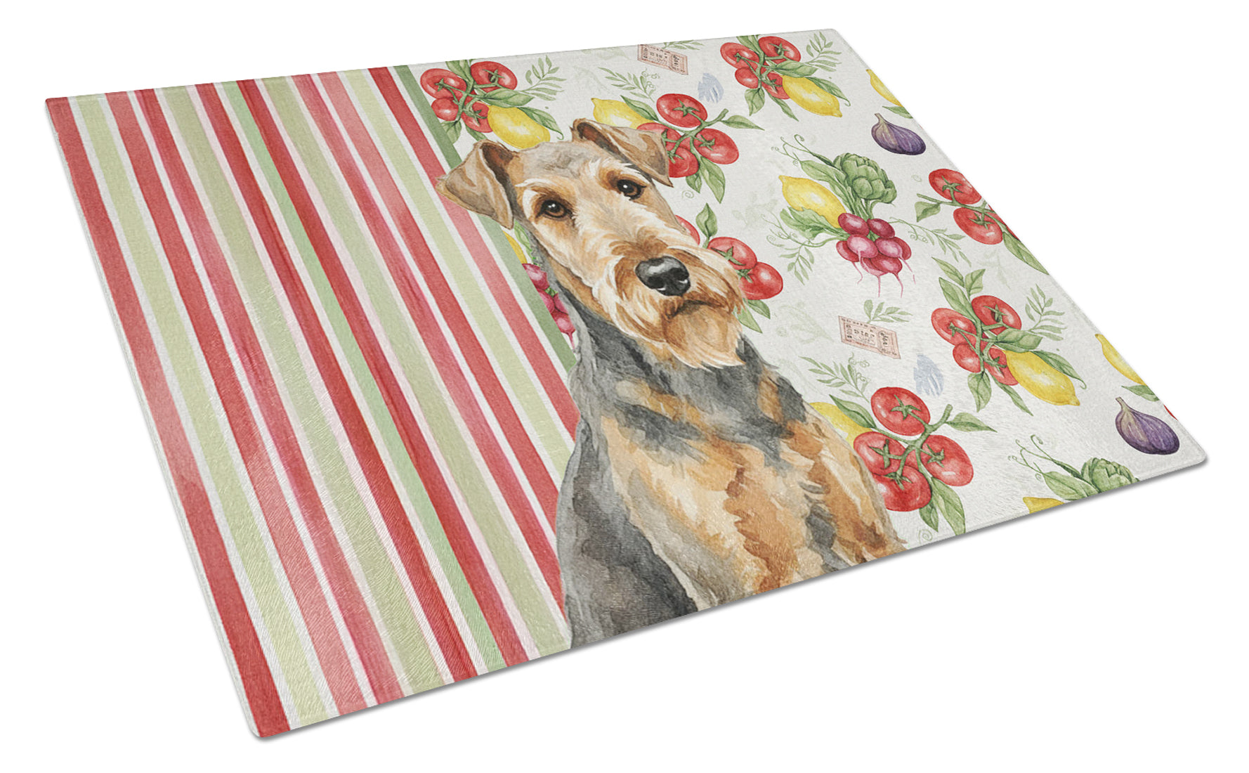 Grizzle Airedale Terrier Vegetables Cutting Board Tempered Glass Kitchen Cutting Surface, Heat Resistant Chopping, Non-Slip Feet, Food Prep & Serving