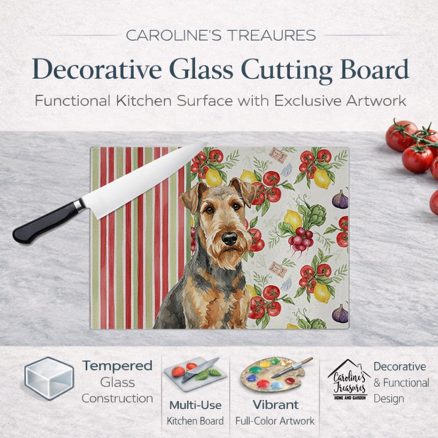 Grizzle Airedale Terrier Vegetables Cutting Board Tempered Glass Kitchen Cutting Surface, Heat Resistant Chopping, Non-Slip Feet, Food Prep & Serving