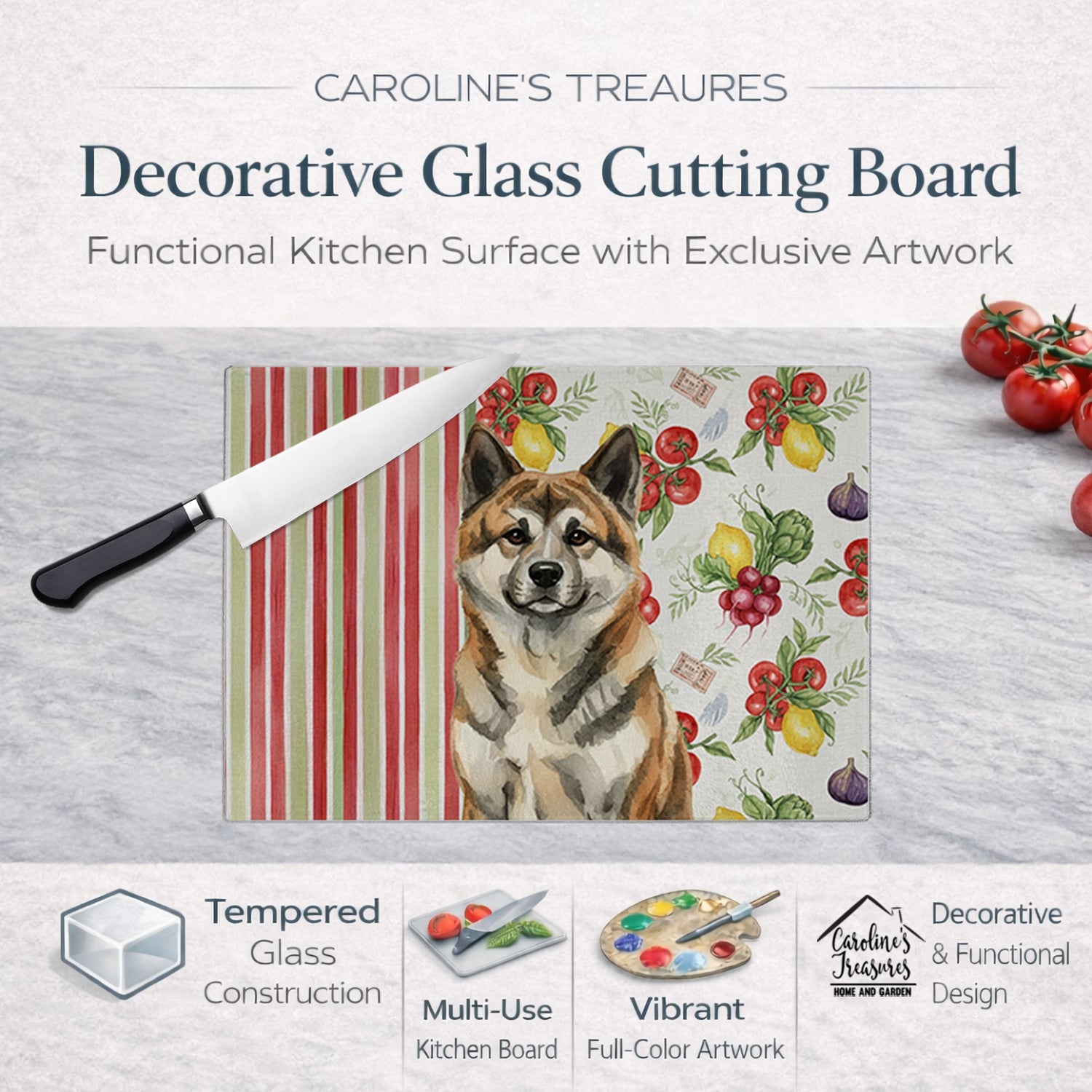 Brindle Akita Vegetables Cutting Board Tempered Glass Kitchen Cutting Surface, Heat Resistant Chopping, Non-Slip Feet, Food Prep & Serving