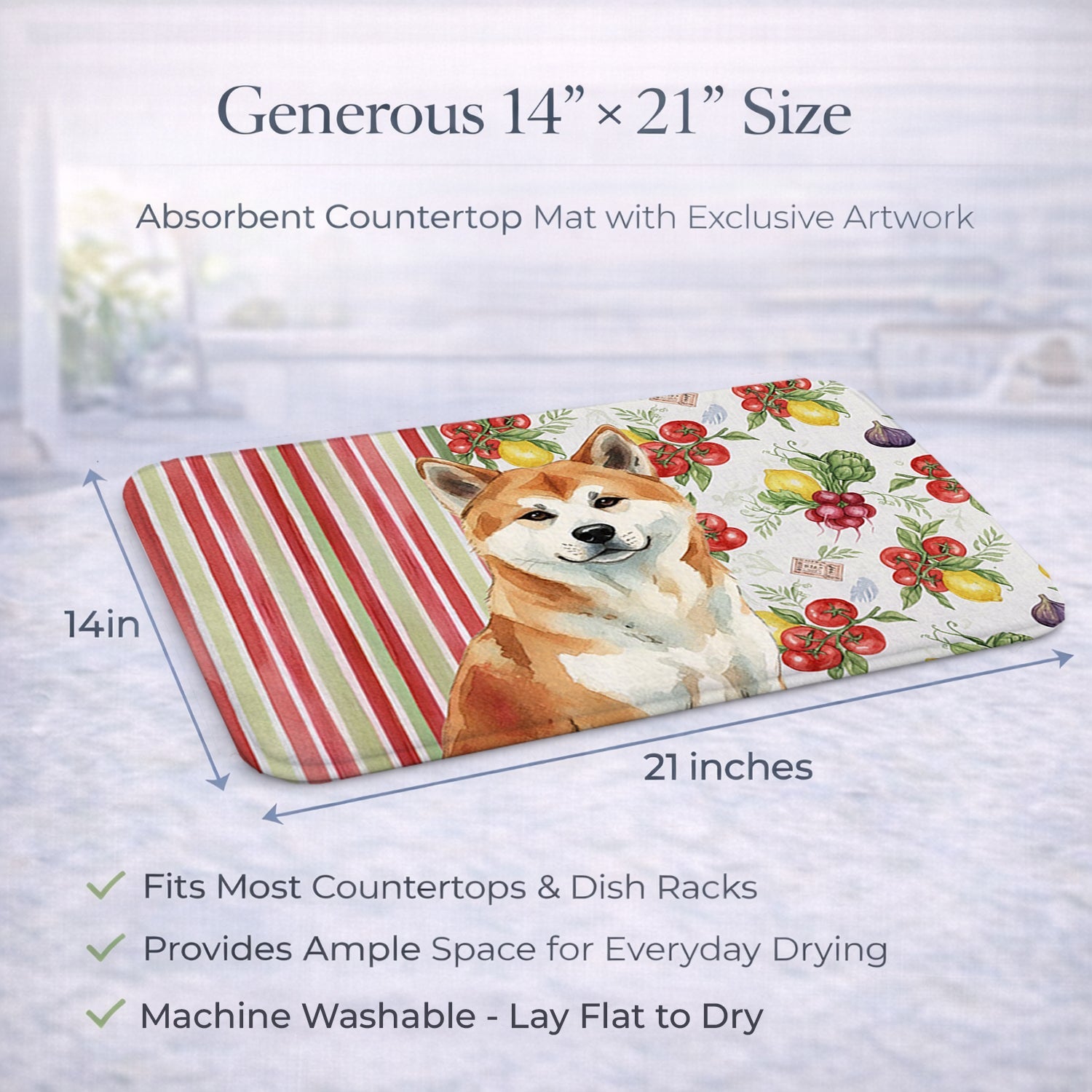 Red Akita Vegetables Dish Drying Mat Absorbent Dish Drying Mat Pad for Kitchen Counter Dish Drainer Mat for Countertop, 14 x 21", Multicolor
