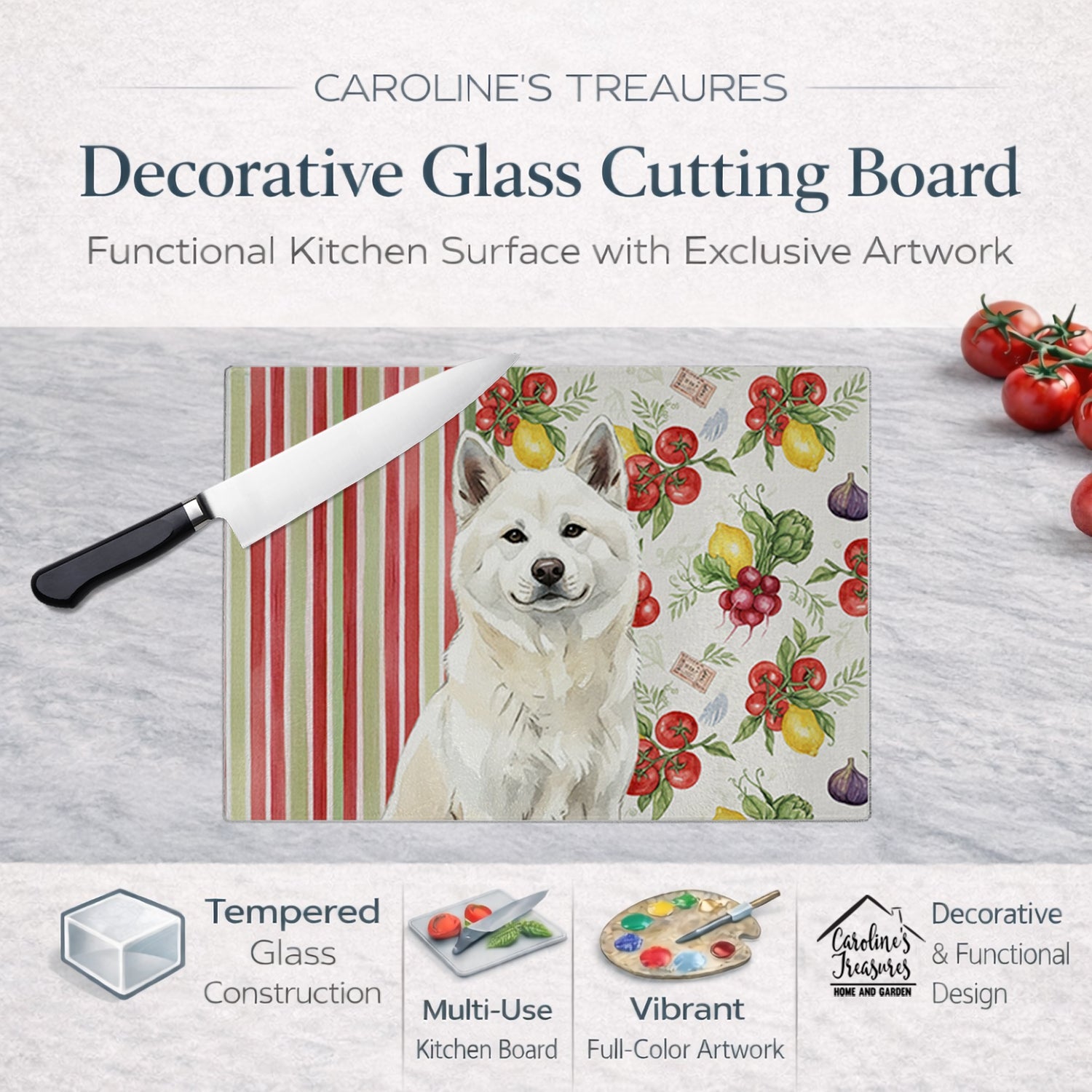 White Akita Vegetables Cutting Board Tempered Glass Kitchen Cutting Surface, Heat Resistant Chopping, Non-Slip Feet, Food Prep & Serving