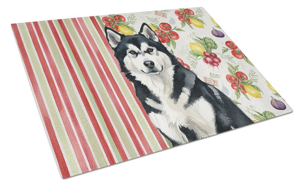 Black and White Alaskan Malamute Vegetables Cutting Board Tempered Glass Kitchen Cutting Surface, Heat Resistant Chopping, Non-Slip Feet, Food Prep & Serving