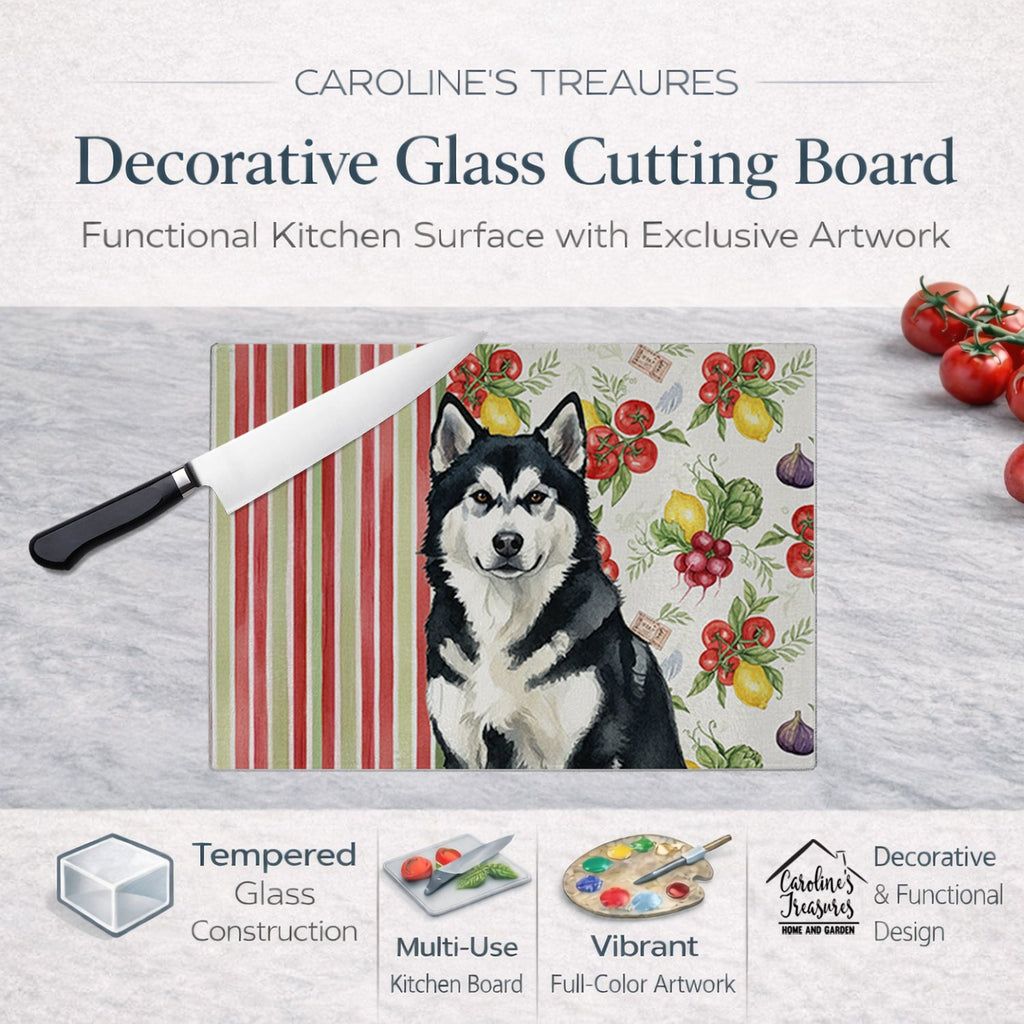 Black and White Alaskan Malamute Vegetables Cutting Board Tempered Glass Kitchen Cutting Surface, Heat Resistant Chopping, Non-Slip Feet, Food Prep & Serving