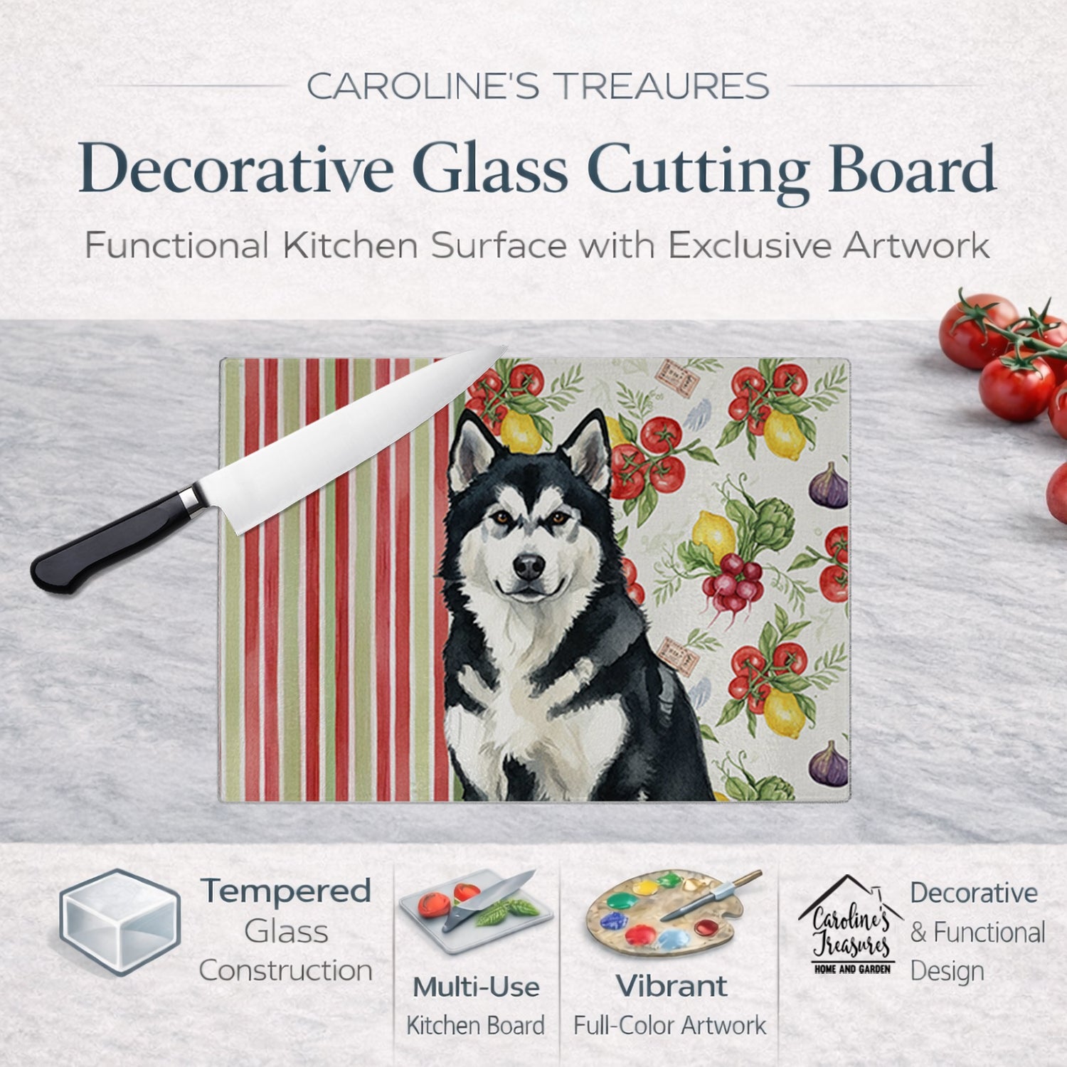 Black and White Alaskan Malamute Vegetables Cutting Board Tempered Glass Kitchen Cutting Surface, Heat Resistant Chopping, Non-Slip Feet, Food Prep & Serving