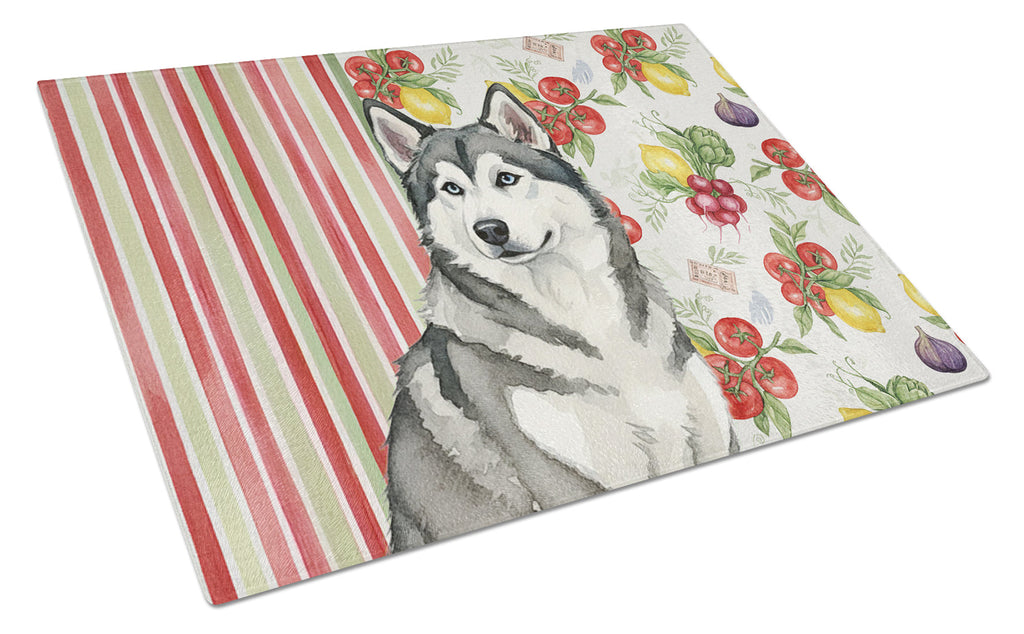 Gray and White Alaskan Malamute Vegetables Cutting Board Tempered Glass Kitchen Cutting Surface, Heat Resistant Chopping, Non-Slip Feet, Food Prep & Serving
