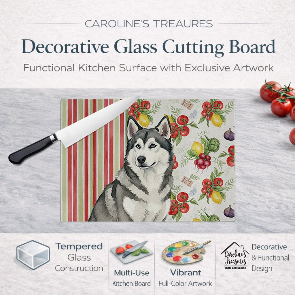 Gray and White Alaskan Malamute Vegetables Cutting Board Tempered Glass Kitchen Cutting Surface, Heat Resistant Chopping, Non-Slip Feet, Food Prep & Serving
