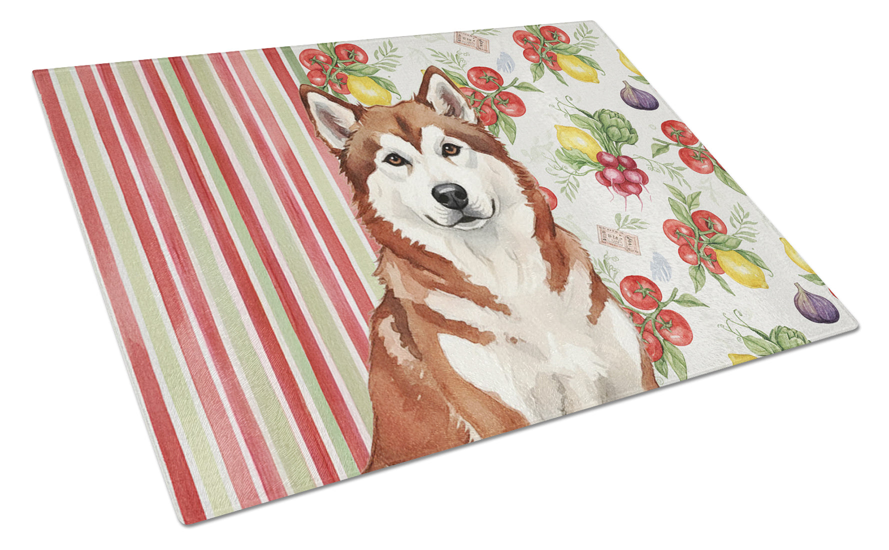 Red and White Alaskan Malamute Vegetables Cutting Board Tempered Glass Kitchen Cutting Surface, Heat Resistant Chopping, Non-Slip Feet, Food Prep & Serving