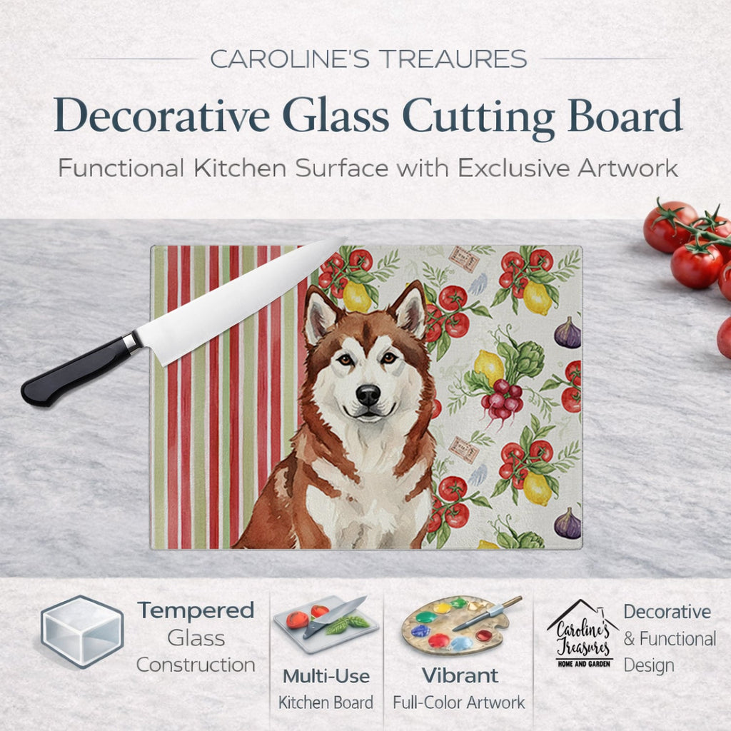 Red and White Alaskan Malamute Vegetables Cutting Board Tempered Glass Kitchen Cutting Surface, Heat Resistant Chopping, Non-Slip Feet, Food Prep & Serving