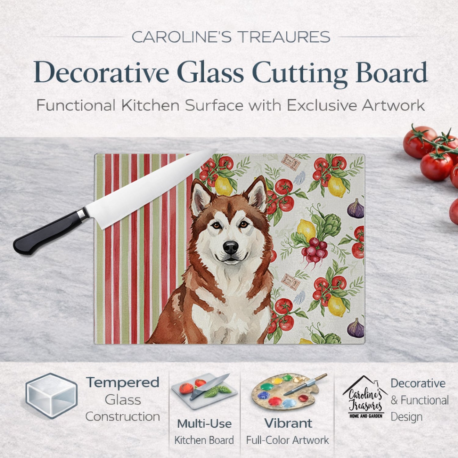 Red and White Alaskan Malamute Vegetables Cutting Board Tempered Glass Kitchen Cutting Surface, Heat Resistant Chopping, Non-Slip Feet, Food Prep & Serving