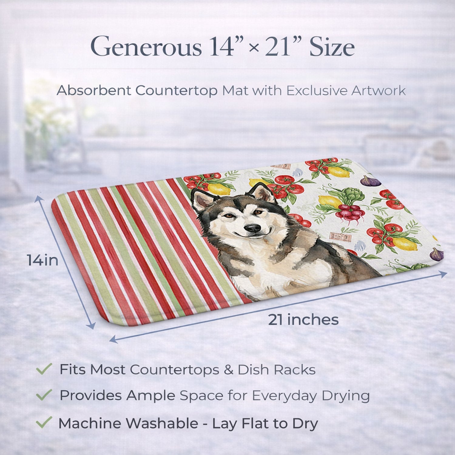 Sable and White Alaskan Malamute Vegetables Dish Drying Mat Absorbent Dish Drying Mat Pad for Kitchen Counter Dish Drainer Mat for Countertop, 14 x 21", Multicolor