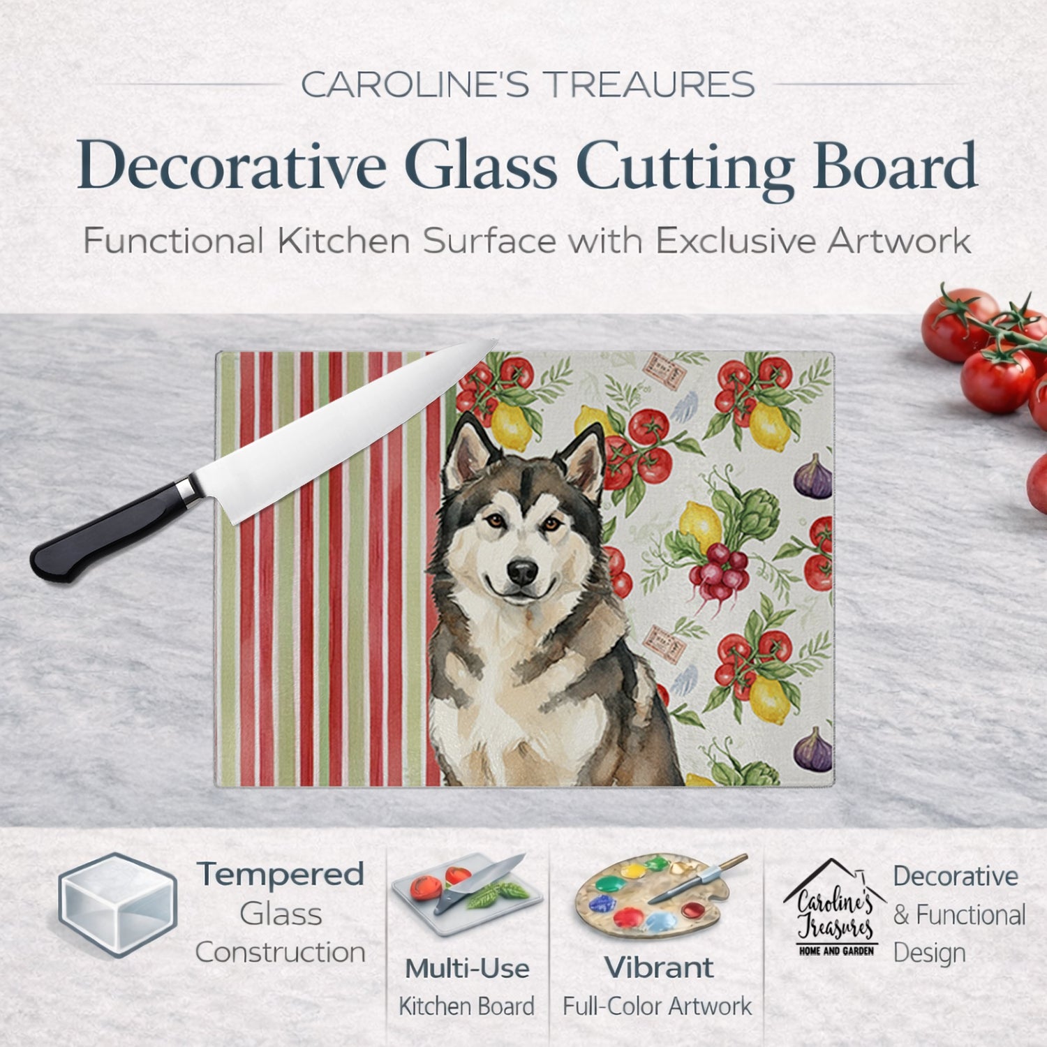 Sable and White Alaskan Malamute Vegetables Cutting Board Tempered Glass Kitchen Cutting Surface, Heat Resistant Chopping, Non-Slip Feet, Food Prep & Serving