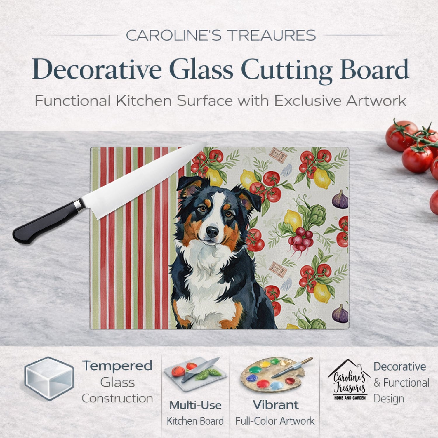Black Tri American Shepherd Vegetables Cutting Board Tempered Glass Kitchen Cutting Surface, Heat Resistant Chopping, Non-Slip Feet, Food Prep & Serving