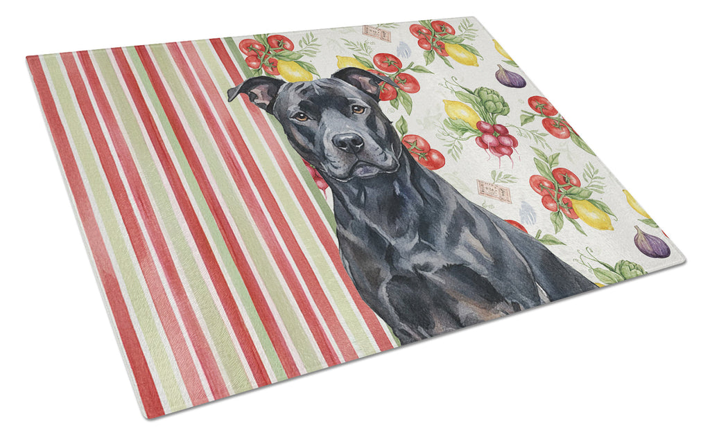 Black American Staffordshire Terrier Vegetables Cutting Board Tempered Glass Kitchen Cutting Surface, Heat Resistant Chopping, Non-Slip Feet, Food Prep & Serving