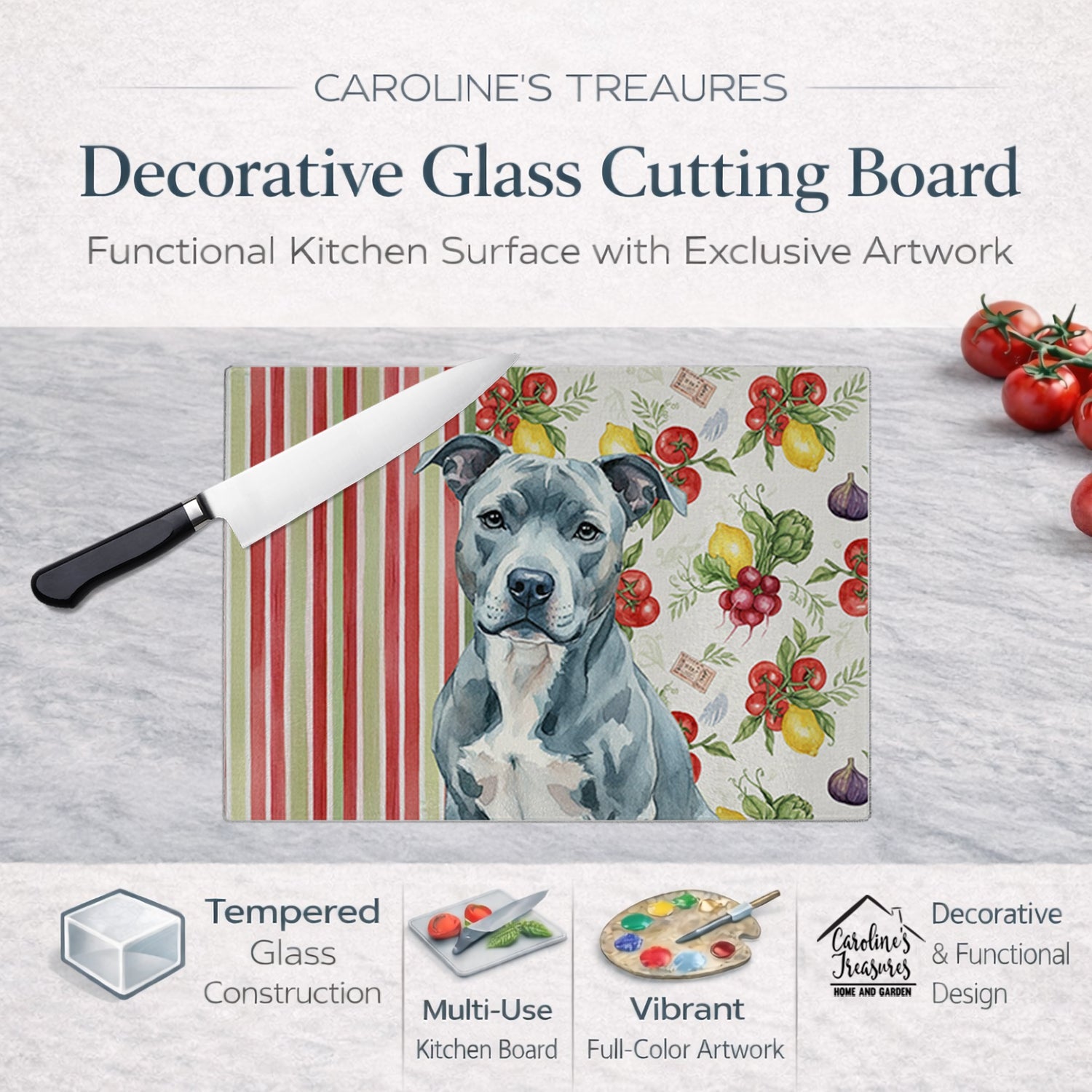 Blue American Staffordshire Terrier Vegetables Cutting Board Tempered Glass Kitchen Cutting Surface, Heat Resistant Chopping, Non-Slip Feet, Food Prep & Serving