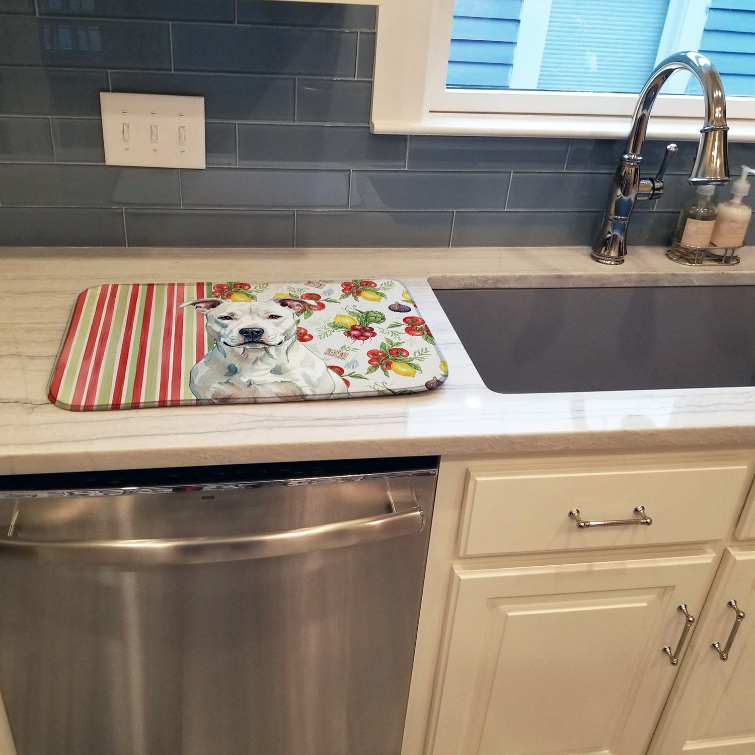 White American Staffordshire Terrier Vegetables Dish Drying Mat Absorbent Dish Drying Mat Pad for Kitchen Counter Dish Drainer Mat for Countertop, 14 x 21", Multicolor