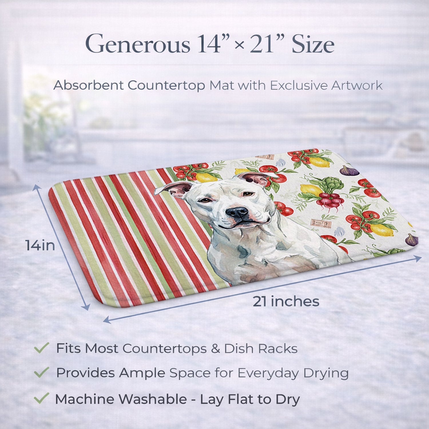 White American Staffordshire Terrier Vegetables Dish Drying Mat Absorbent Dish Drying Mat Pad for Kitchen Counter Dish Drainer Mat for Countertop, 14 x 21", Multicolor