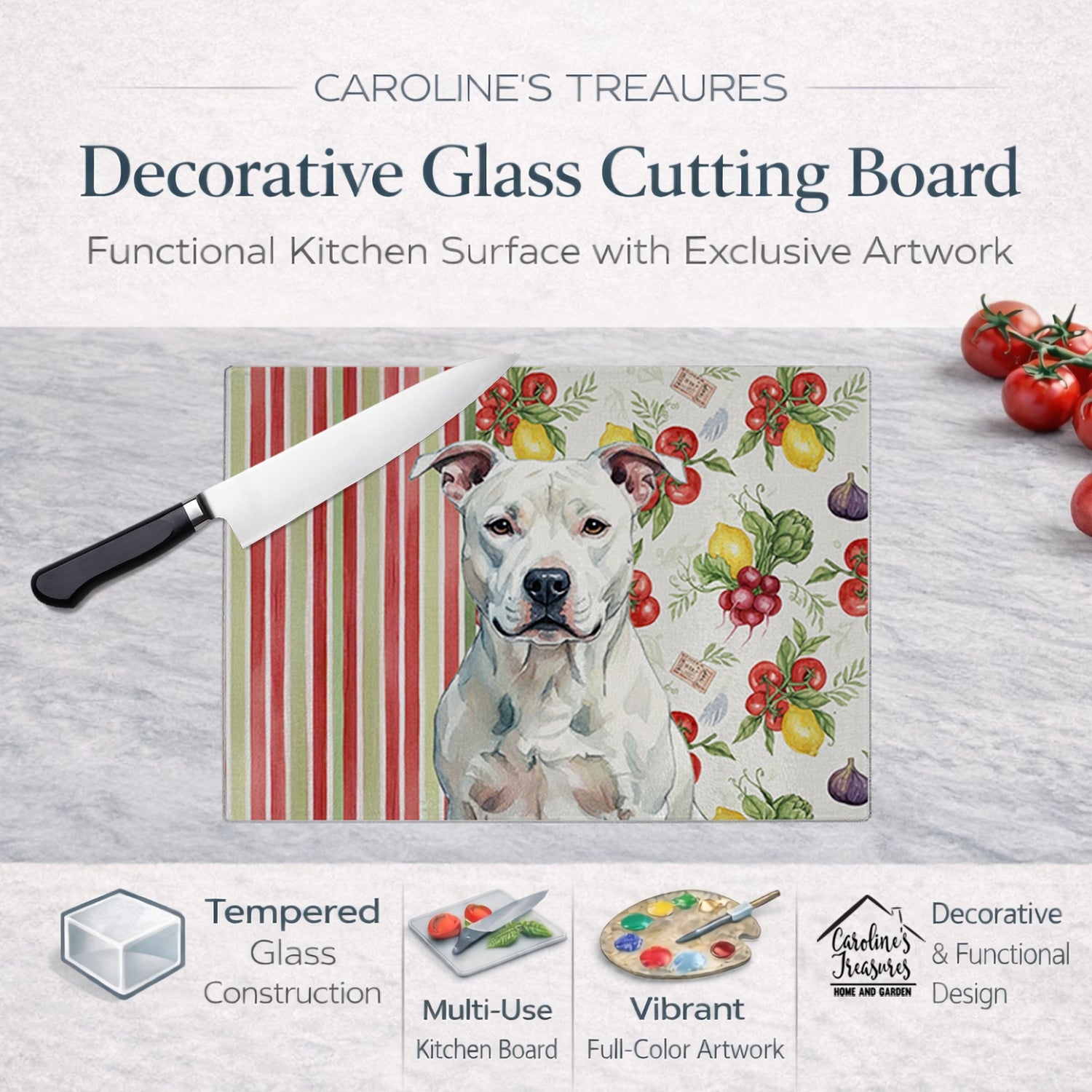 White American Staffordshire Terrier Vegetables Cutting Board Tempered Glass Kitchen Cutting Surface, Heat Resistant Chopping, Non-Slip Feet, Food Prep & Serving