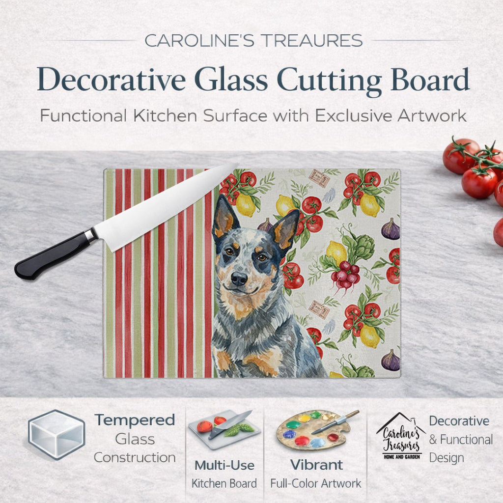 Blue Heeler Australian Cattle Dog Vegetables Cutting Board Tempered Glass Kitchen Cutting Surface, Heat Resistant Chopping, Non-Slip Feet, Food Prep & Serving