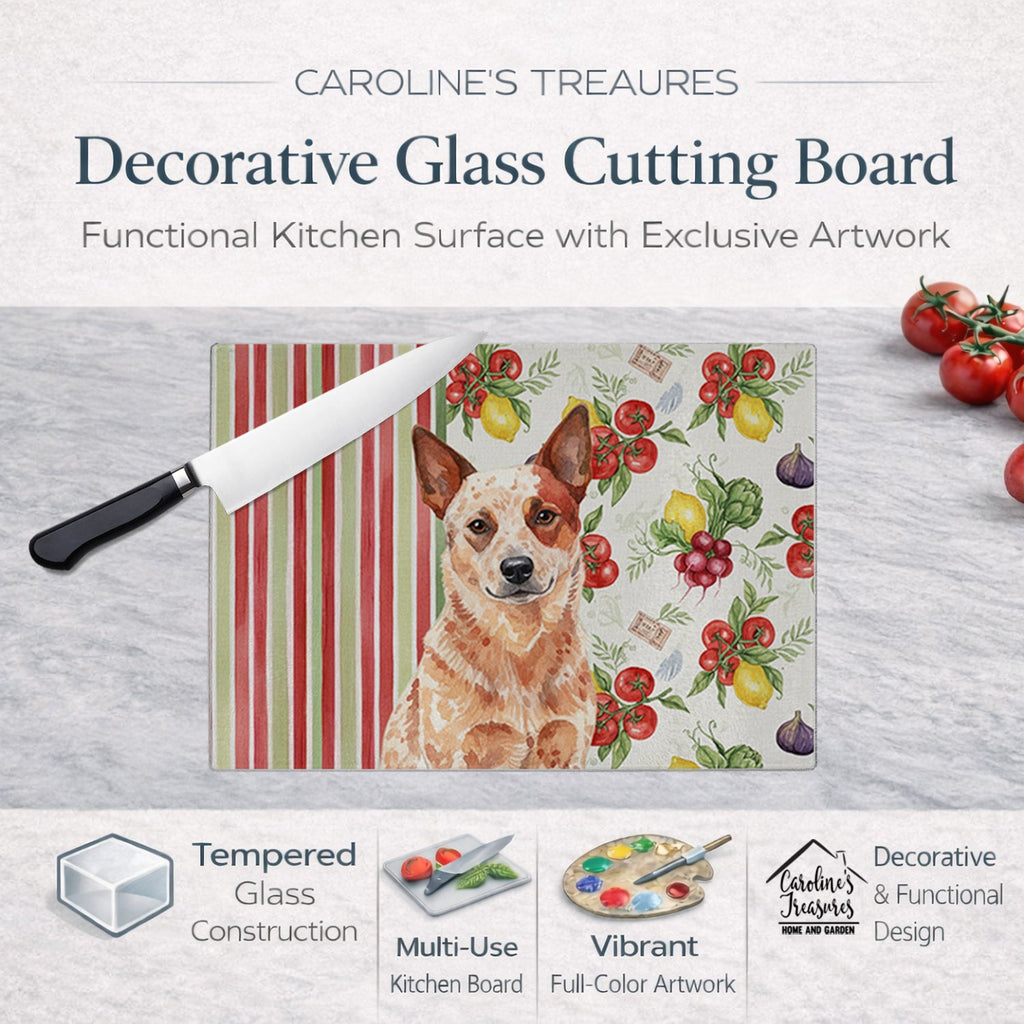 Red Heeler Australian Cattle Dog Vegetables Cutting Board Tempered Glass Kitchen Cutting Surface, Heat Resistant Chopping, Non-Slip Feet, Food Prep & Serving