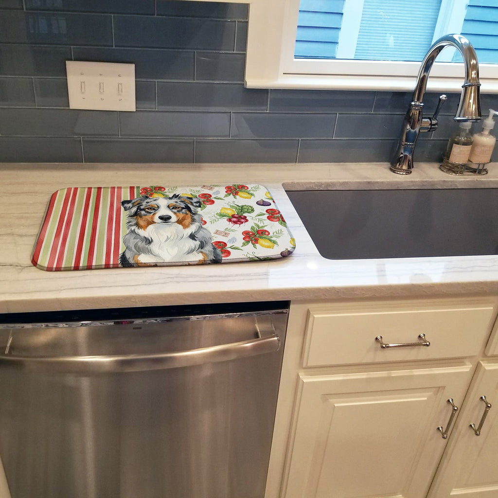Blue Merle Australian Shepherd Vegetables Dish Drying Mat Absorbent Dish Drying Mat Pad for Kitchen Counter Dish Drainer Mat for Countertop, 14 x 21", Multicolor
