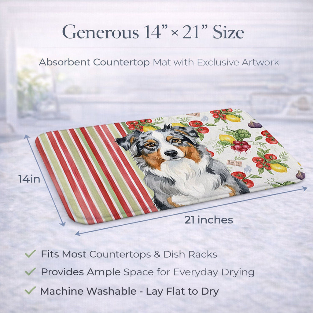 Blue Merle Australian Shepherd Vegetables Dish Drying Mat Absorbent Dish Drying Mat Pad for Kitchen Counter Dish Drainer Mat for Countertop, 14 x 21", Multicolor