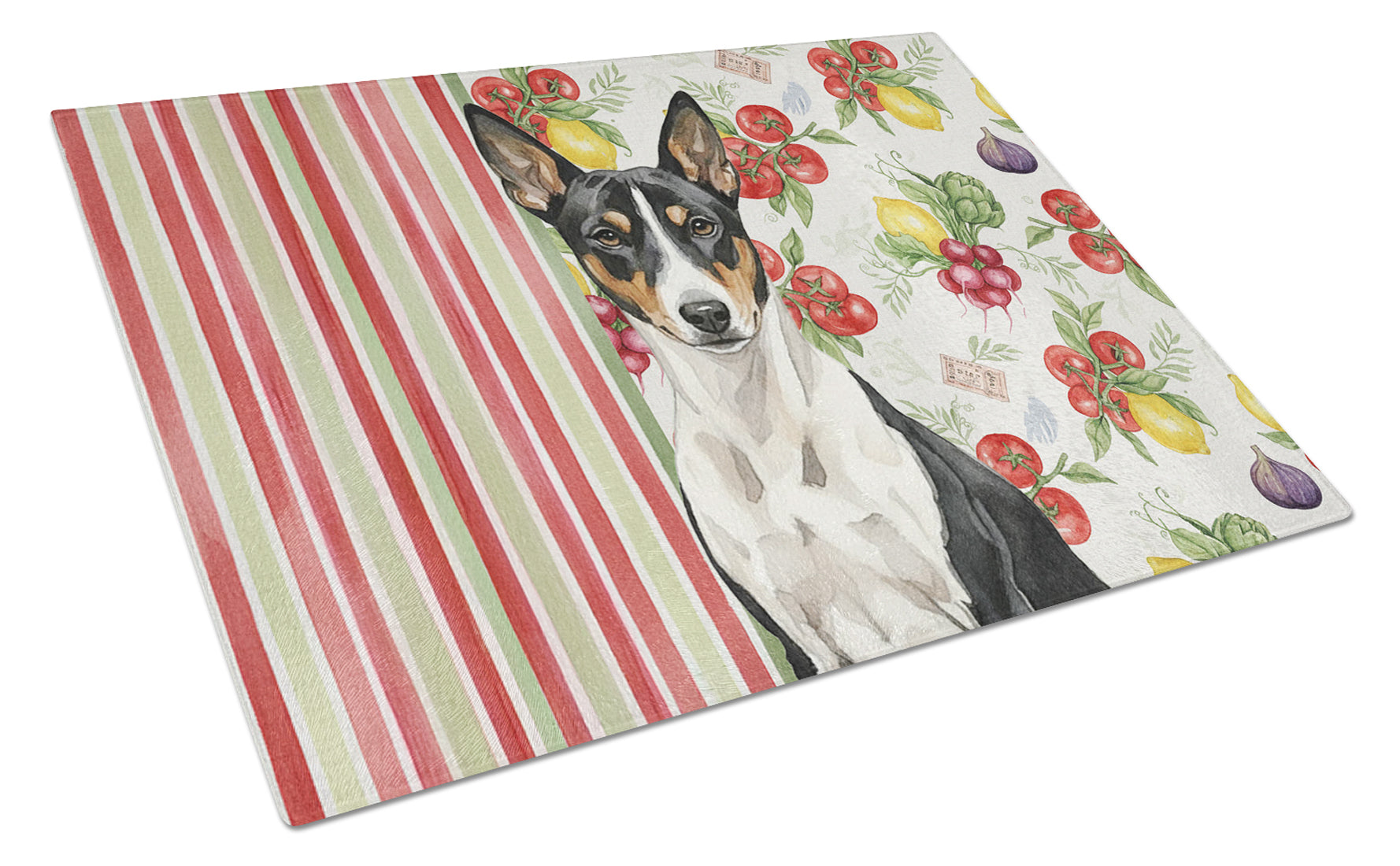 Black and White Basenji Vegetables Cutting Board Tempered Glass Kitchen Cutting Surface, Heat Resistant Chopping, Non-Slip Feet, Food Prep & Serving