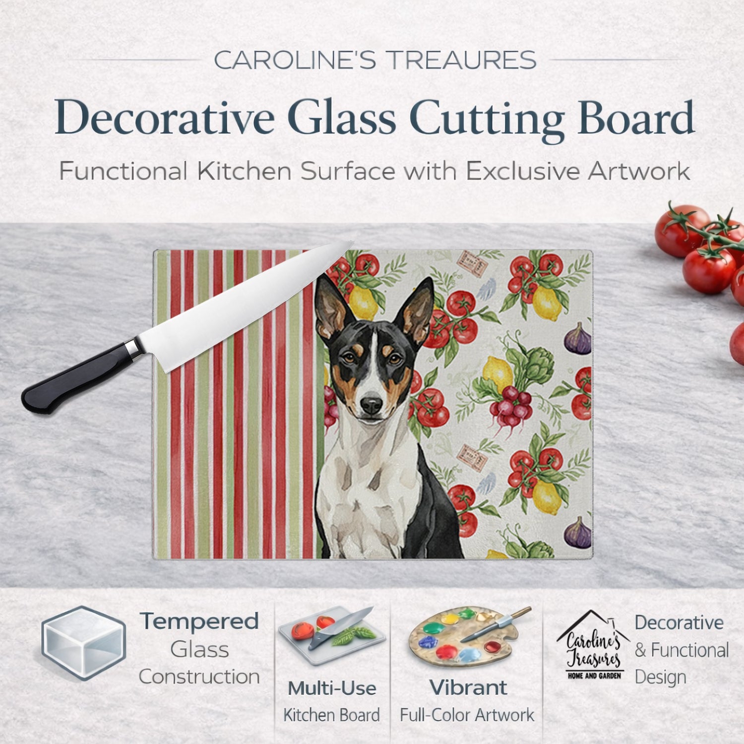 Black and White Basenji Vegetables Cutting Board Tempered Glass Kitchen Cutting Surface, Heat Resistant Chopping, Non-Slip Feet, Food Prep & Serving