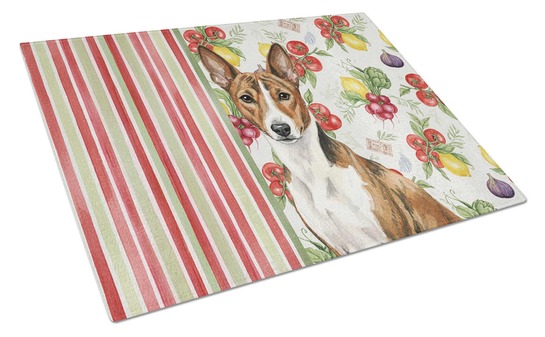 Brindle and White Basenji Vegetables Cutting Board Tempered Glass Kitchen Cutting Surface, Heat Resistant Chopping, Non-Slip Feet, Food Prep & Serving