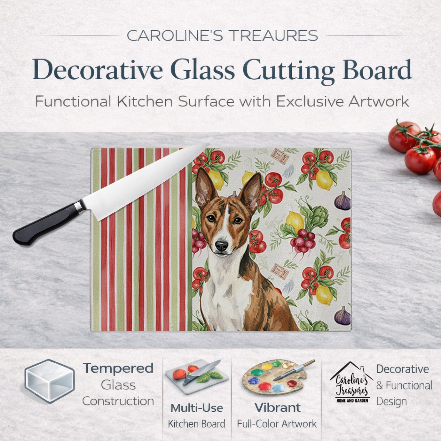 Brindle and White Basenji Vegetables Cutting Board Tempered Glass Kitchen Cutting Surface, Heat Resistant Chopping, Non-Slip Feet, Food Prep & Serving