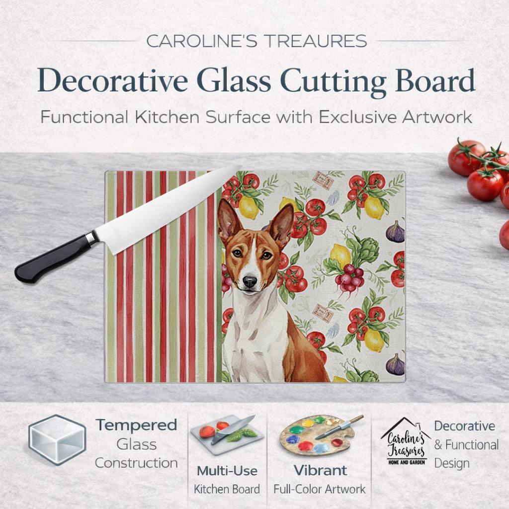 Red and White Basenji Vegetables Cutting Board Tempered Glass Kitchen Cutting Surface, Heat Resistant Chopping, Non-Slip Feet, Food Prep & Serving