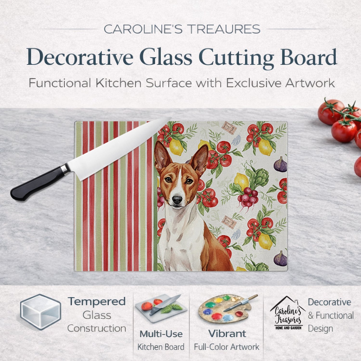 Red and White Basenji Vegetables Cutting Board Tempered Glass Kitchen Cutting Surface, Heat Resistant Chopping, Non-Slip Feet, Food Prep & Serving