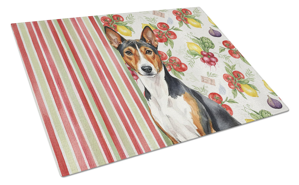 Tricolor and White Basenji Vegetables Cutting Board Tempered Glass Kitchen Cutting Surface, Heat Resistant Chopping, Non-Slip Feet, Food Prep & Serving