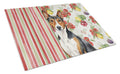 Tricolor and White Basenji Vegetables Cutting Board Tempered Glass Kitchen Cutting Surface, Heat Resistant Chopping, Non-Slip Feet, Food Prep & Serving