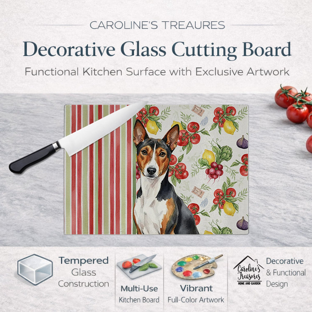 Tricolor and White Basenji Vegetables Cutting Board Tempered Glass Kitchen Cutting Surface, Heat Resistant Chopping, Non-Slip Feet, Food Prep & Serving