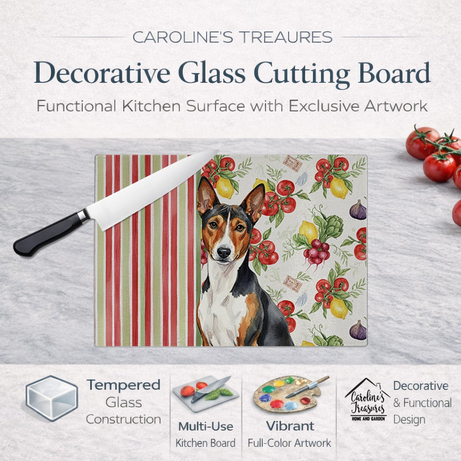 Tricolor and White Basenji Vegetables Cutting Board Tempered Glass Kitchen Cutting Surface, Heat Resistant Chopping, Non-Slip Feet, Food Prep & Serving