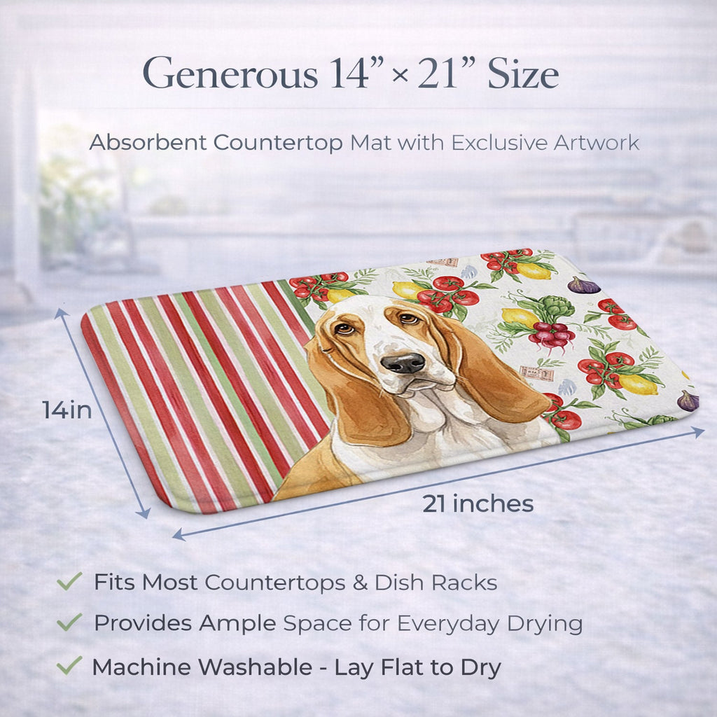 Lemon and White Basset Hound Vegetables Dish Drying Mat Absorbent Dish Drying Mat Pad for Kitchen Counter Dish Drainer Mat for Countertop, 14 x 21", Multicolor