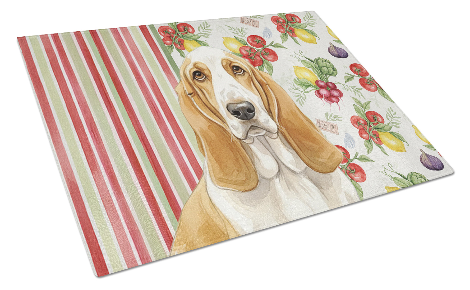 Lemon and White Basset Hound Vegetables Cutting Board Tempered Glass Kitchen Cutting Surface, Heat Resistant Chopping, Non-Slip Feet, Food Prep & Serving