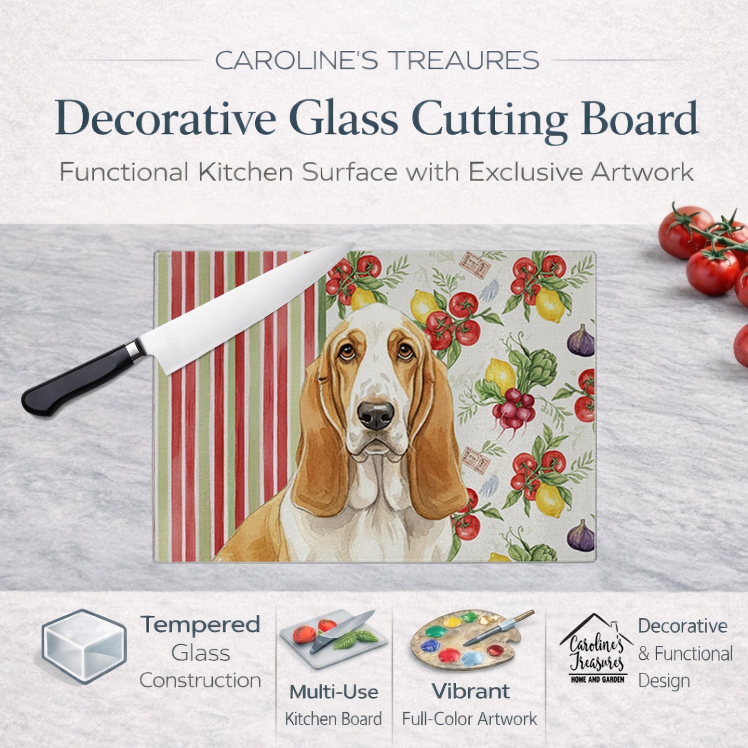 Lemon and White Basset Hound Vegetables Cutting Board Tempered Glass Kitchen Cutting Surface, Heat Resistant Chopping, Non-Slip Feet, Food Prep & Serving