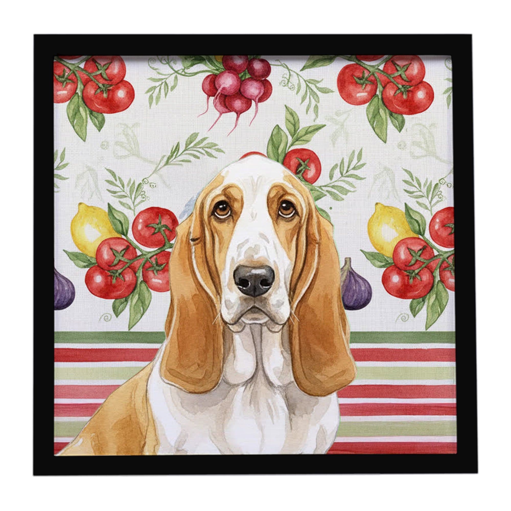 Lemon and White Basset Hound Vegetables Framed Metal Print Bathroom, Kitchen, Office, Home Decor Wall Art Ready to Hang, Square, 8X8