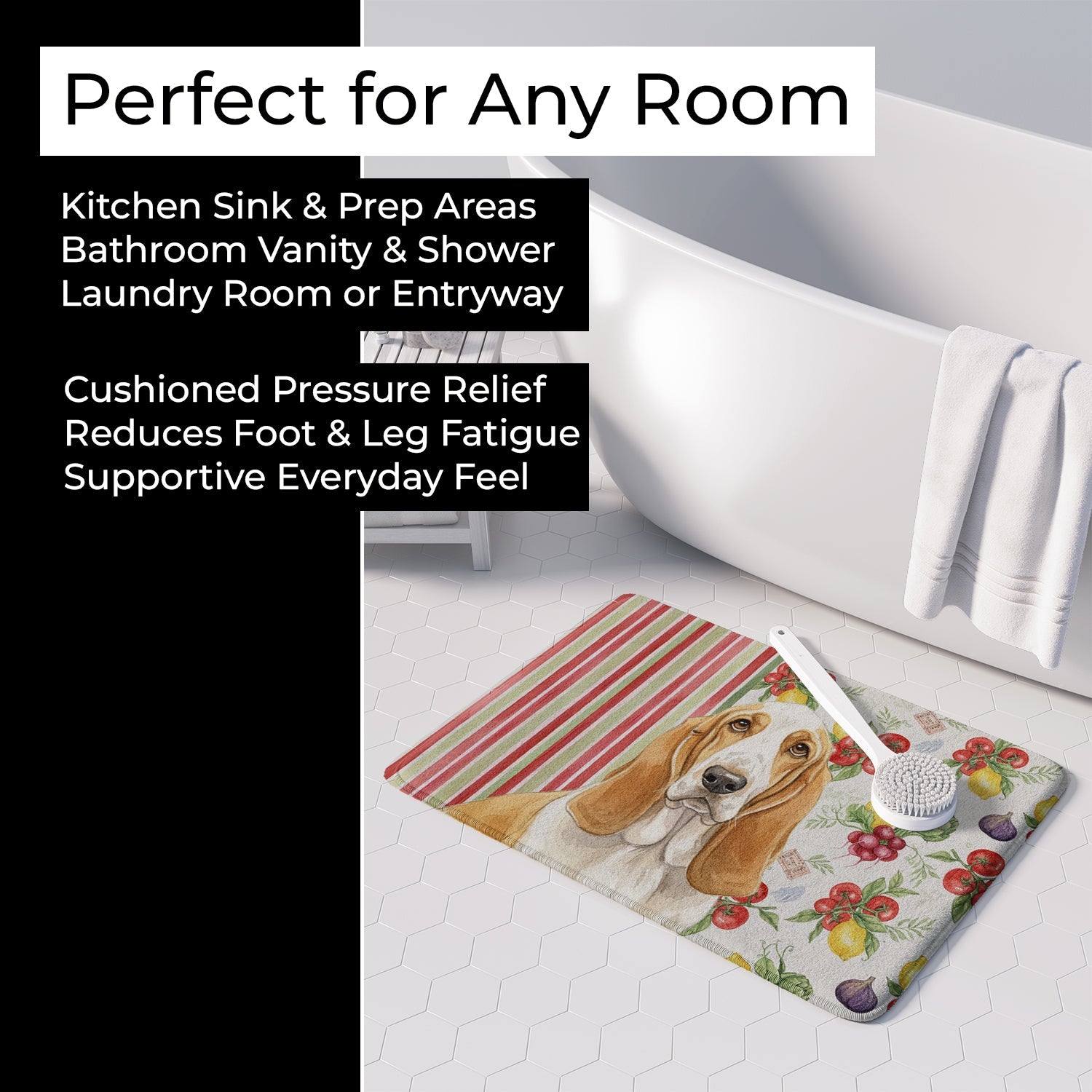 Lemon and White Basset Hound Vegetables Memory Foam Kitchen Mat Machine Washable Anti-Fatigue Cushion Comfort Bath or Kitchen Rug