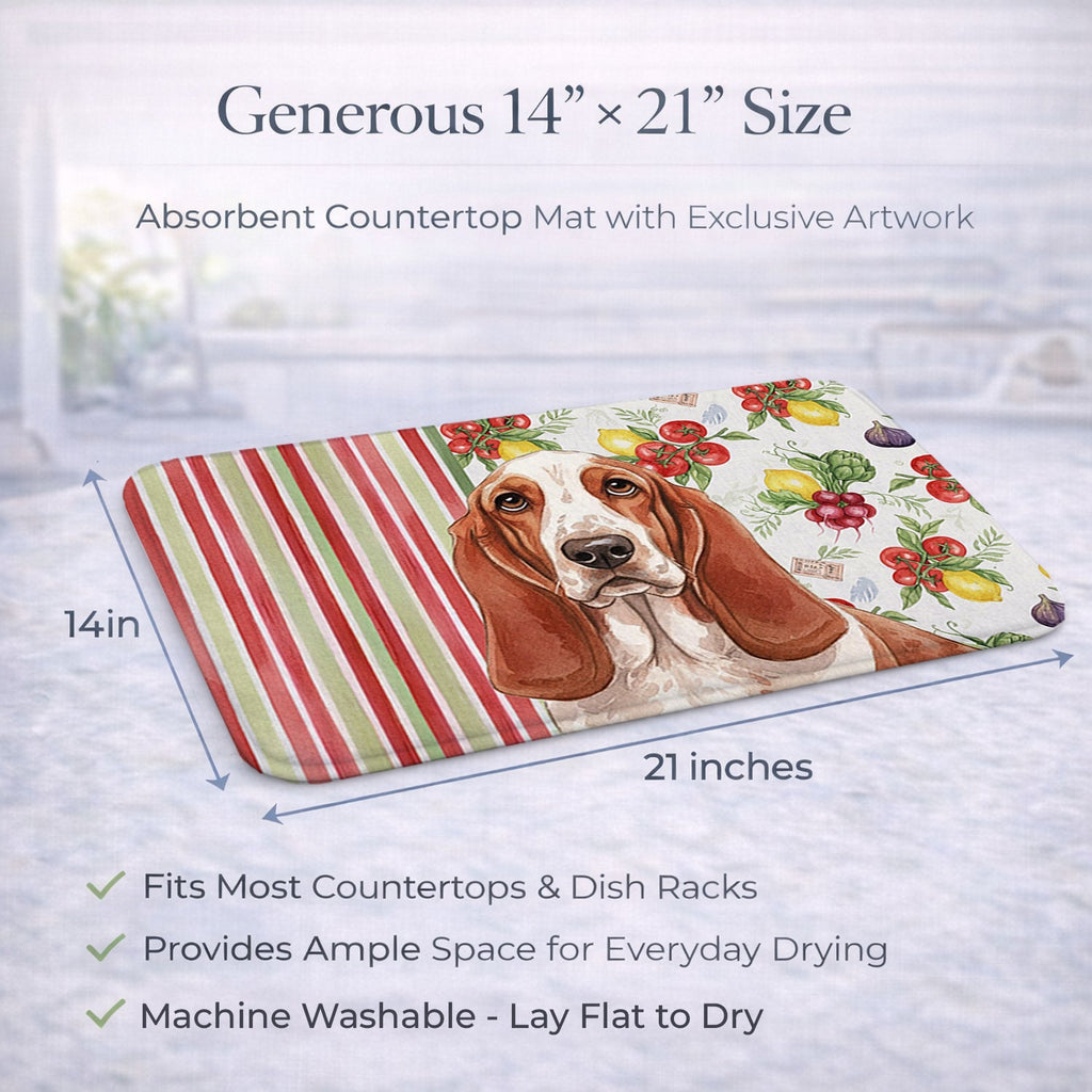 Red and White Basset Hound Vegetables Dish Drying Mat Absorbent Dish Drying Mat Pad for Kitchen Counter Dish Drainer Mat for Countertop, 14 x 21", Multicolor