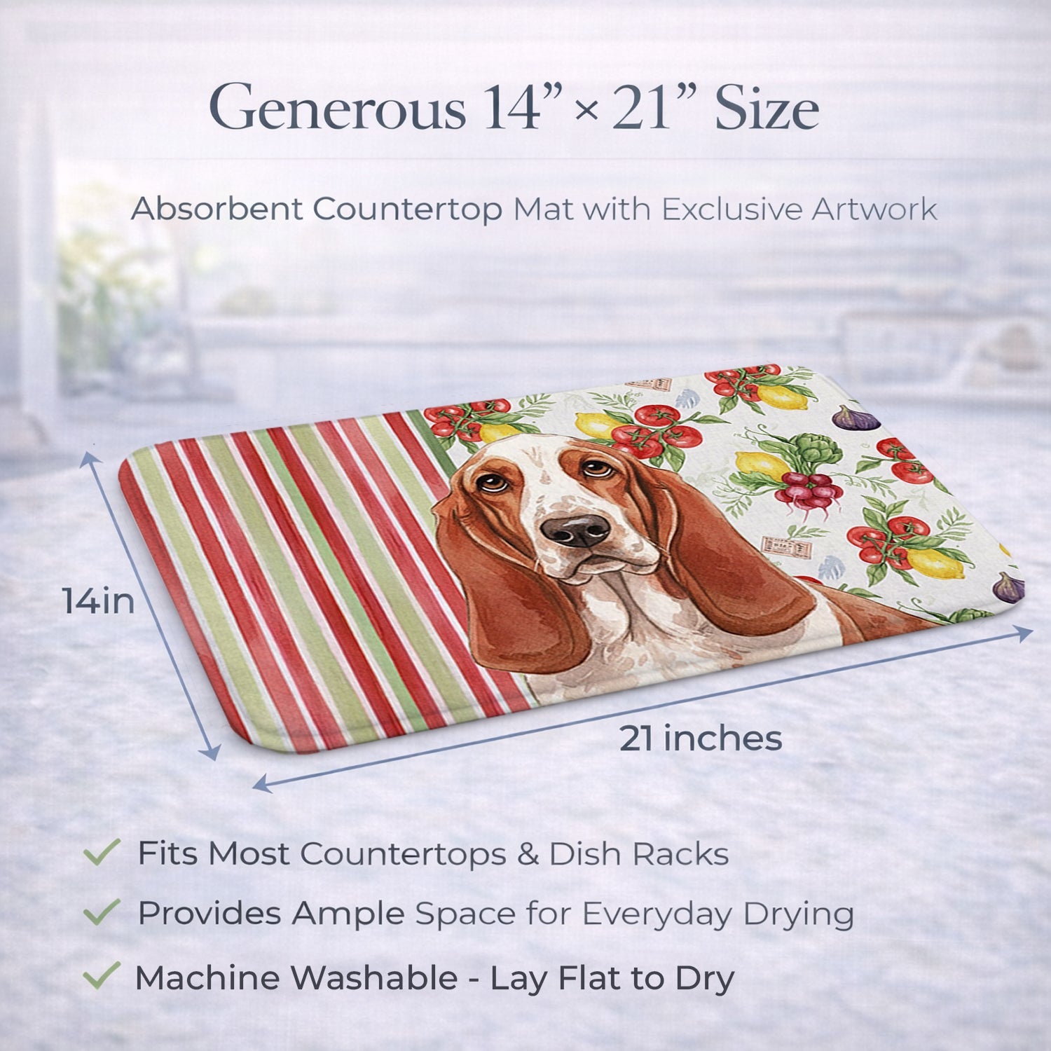 Red and White Basset Hound Vegetables Dish Drying Mat Absorbent Dish Drying Mat Pad for Kitchen Counter Dish Drainer Mat for Countertop, 14 x 21", Multicolor