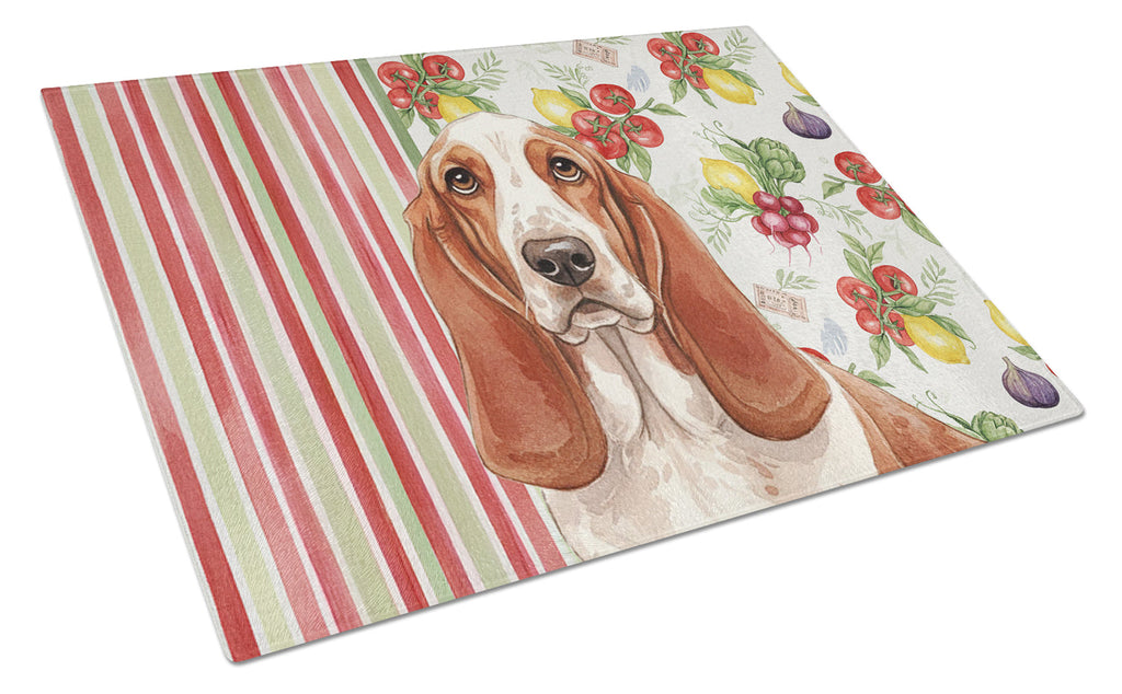 Red and White Basset Hound Vegetables Cutting Board Tempered Glass Kitchen Cutting Surface, Heat Resistant Chopping, Non-Slip Feet, Food Prep & Serving
