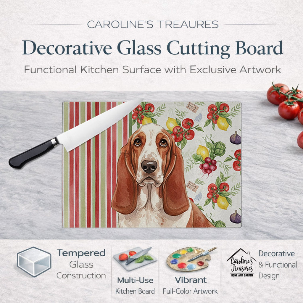 Red and White Basset Hound Vegetables Cutting Board Tempered Glass Kitchen Cutting Surface, Heat Resistant Chopping, Non-Slip Feet, Food Prep & Serving